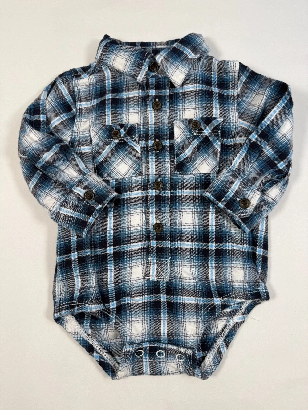 OSHKOSH BGOSH Baby Plaid Flannel Shirt Bodysuit Size 9M Blue Lumberjack Cozy‎